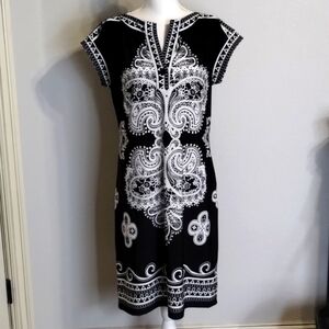 VOIR VOIR dress midi black white paisley floral design size 12 stretch